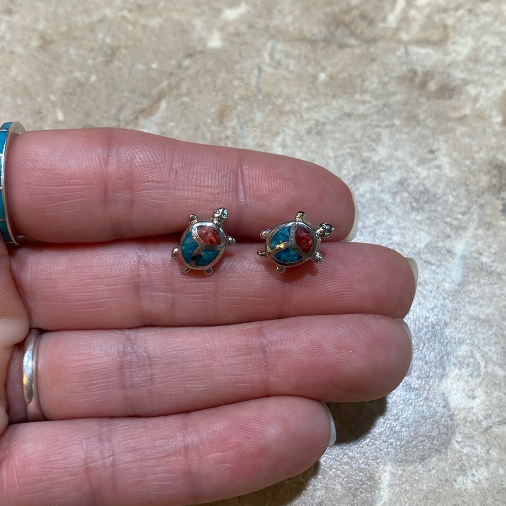 Turquoise and coral turtle earrings